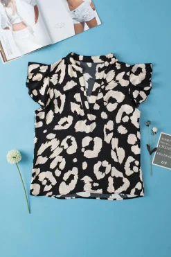 Online Dear-Lover Leopard Ruffled Flutter Sleeve Split Neck Blouse Black