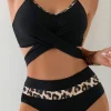 Sale Dear-Lover Leopard Splicing Criss Cross Tie Spaghetti Straps  High Waisted Bikini Black