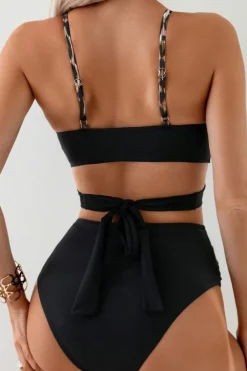 Sale Dear-Lover Leopard Splicing Criss Cross Tie Spaghetti Straps  High Waisted Bikini Black