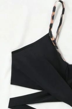 Sale Dear-Lover Leopard Splicing Criss Cross Tie Spaghetti Straps High Waisted Bikini Black