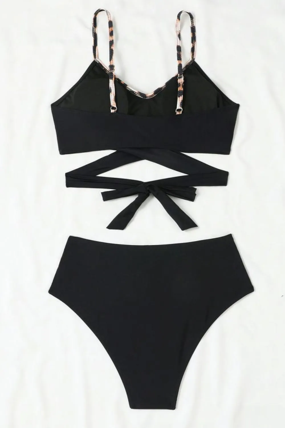 Sale Dear-Lover Leopard Splicing Criss Cross Tie Spaghetti Straps High Waisted Bikini Black