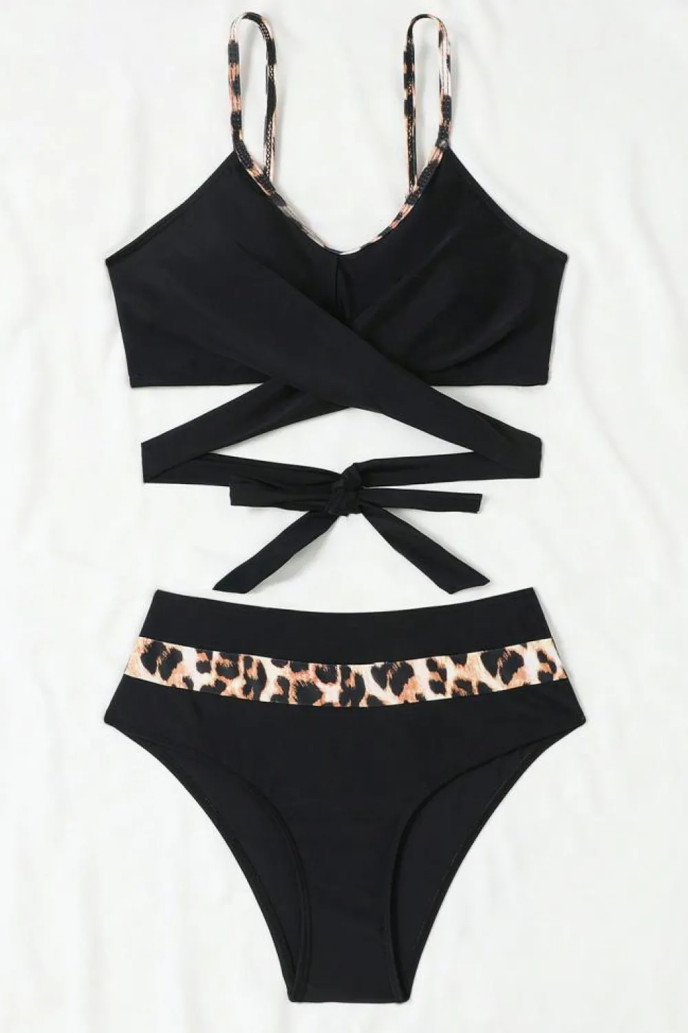 Sale Dear-Lover Leopard Splicing Criss Cross Tie Spaghetti Straps High Waisted Bikini Black