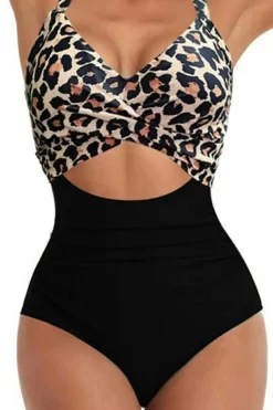 Online Dear-Lover Leopard 2-tone Crossed Cutout Backless Monokini Black