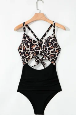 Online Dear-Lover Leopard 2-tone Crossed Cutout Backless Monokini Black