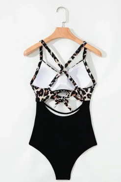 Online Dear-Lover Leopard 2-tone Crossed Cutout Backless Monokini Black