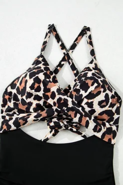 Online Dear-Lover Leopard 2-tone Crossed Cutout Backless Monokini Black