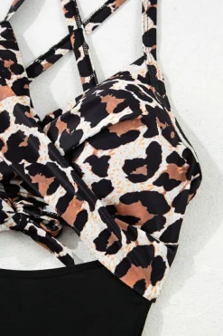 Online Dear-Lover Leopard 2-tone Crossed Cutout Backless Monokini Black