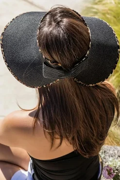 Online Dear-Lover Leopard Trim Straw Woven Wide Brim Foldable Sun Hat Black
