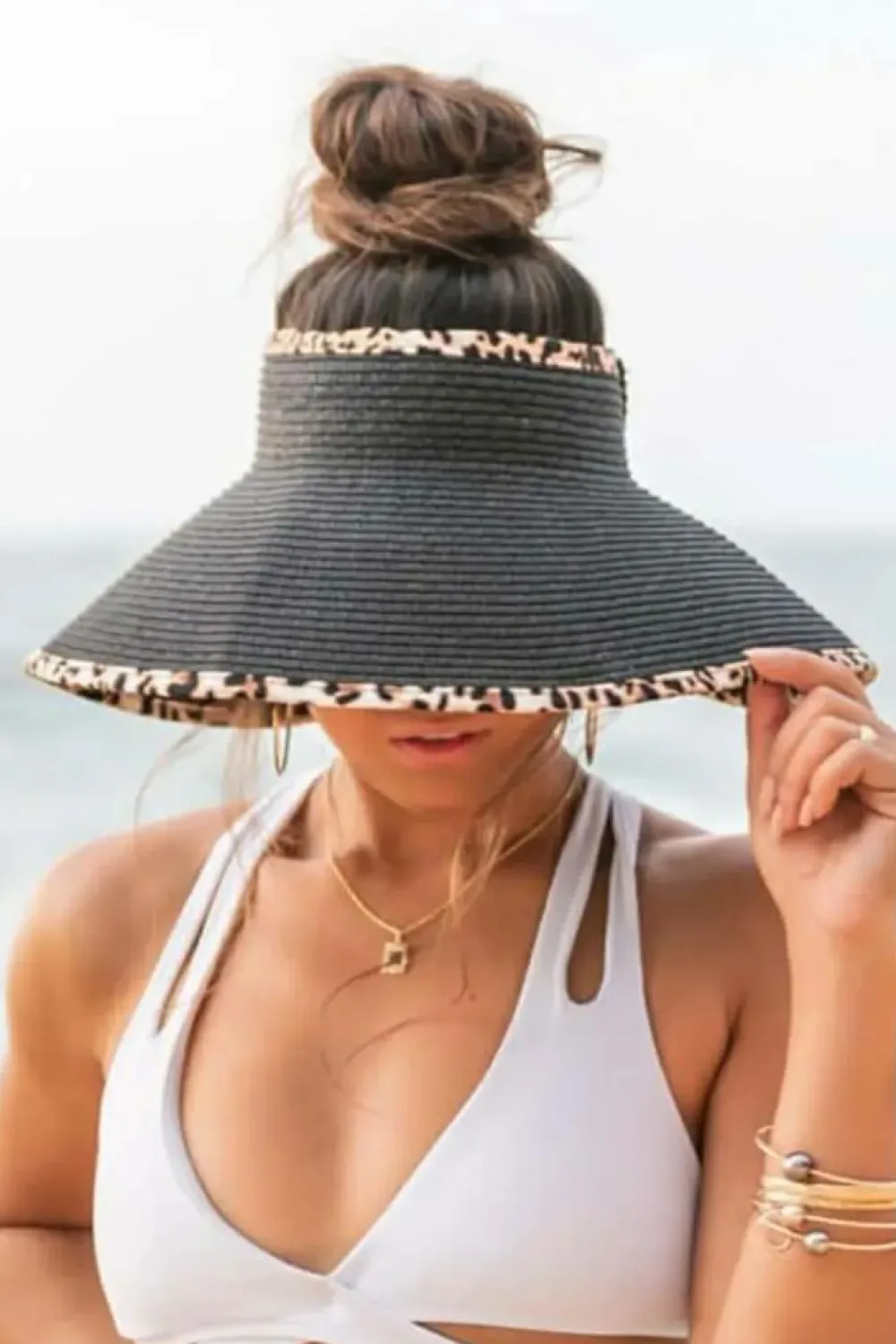 Online Dear-Lover Leopard Trim Straw Woven Wide Brim Foldable Sun Hat Black