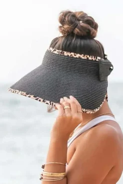 Online Dear-Lover Leopard Trim Straw Woven Wide Brim Foldable Sun Hat Black