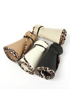 Online Dear-Lover Leopard Trim Straw Woven Wide Brim Foldable Sun Hat Black