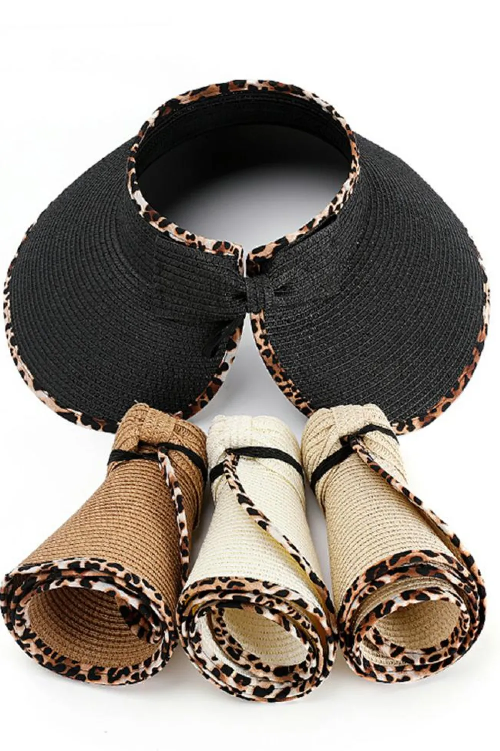 Online Dear-Lover Leopard Trim Straw Woven Wide Brim Foldable Sun Hat Black
