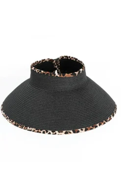 Online Dear-Lover Leopard Trim Straw Woven Wide Brim Foldable Sun Hat Black