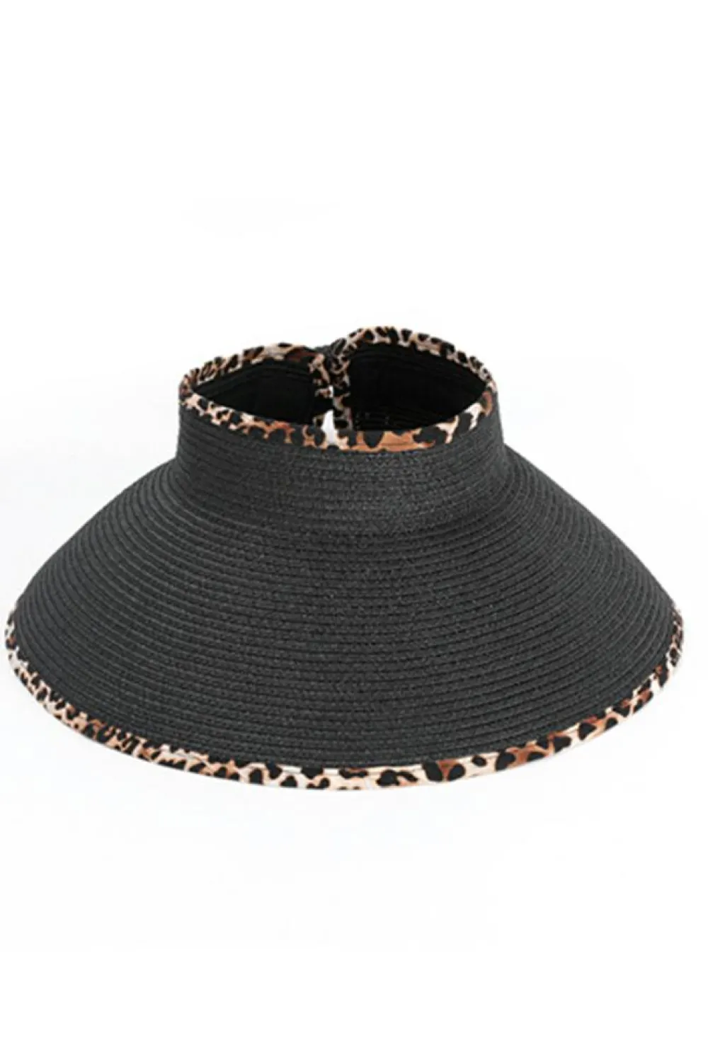 Online Dear-Lover Leopard Trim Straw Woven Wide Brim Foldable Sun Hat Black