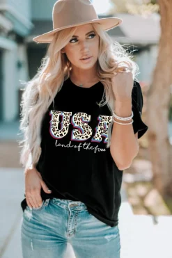 Outlet Dear-Lover Leopard UAS land of the free Graphic T Shirt Black
