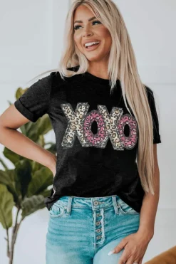 Best Dear-Lover Leopard XOXO Print T Shirt Black