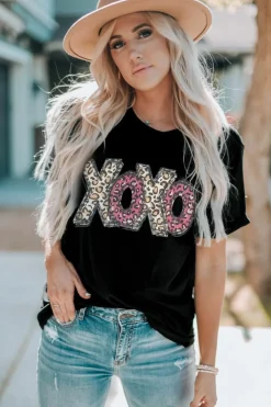 Best Dear-Lover Leopard XOXO Print T Shirt Black