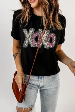 Best Dear-Lover Leopard XOXO Print T Shirt Black