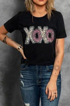 Best Dear-Lover Leopard XOXO Print T Shirt Black