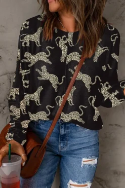 Fashion Dear-Lover Lively Cheetah Print Long Sleeve Top Black