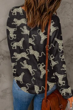 Fashion Dear-Lover Lively Cheetah Print Long Sleeve Top Black