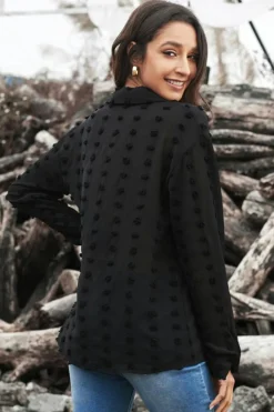 Discount Dear-Lover Long Sleeve Button Fuzzy Polka Dot Shirt Black