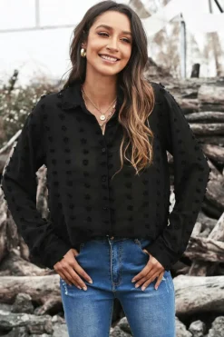 Discount Dear-Lover Long Sleeve Button Fuzzy Polka Dot Shirt Black