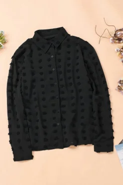 Discount Dear-Lover Long Sleeve Button Fuzzy Polka Dot Shirt Black