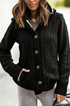 Clearance Dear-Lover Long Sleeve Button-up Hooded Cardigans Black
