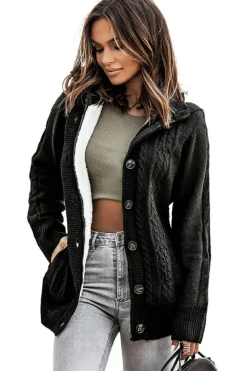 Clearance Dear-Lover Long Sleeve Button-up Hooded Cardigans Black