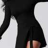 Online Dear-Lover Long Sleeve Knot Skirt Hem Sports Yoga Romper Black