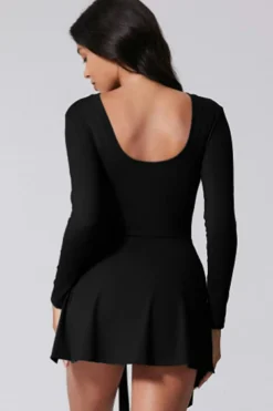Online Dear-Lover Long Sleeve Knot Skirt Hem Sports Yoga Romper Black