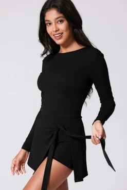 Online Dear-Lover Long Sleeve Knot Skirt Hem Sports Yoga Romper Black