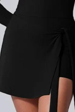 Online Dear-Lover Long Sleeve Knot Skirt Hem Sports Yoga Romper Black