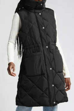 Hot Dear-Lover Longline Quilted Stand Collar Puffer Vest Black