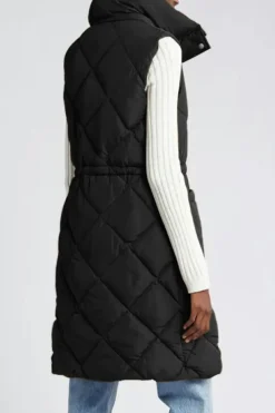 Hot Dear-Lover Longline Quilted Stand Collar Puffer Vest Black