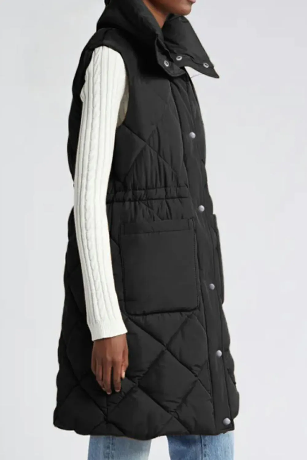 Hot Dear-Lover Longline Quilted Stand Collar Puffer Vest Black