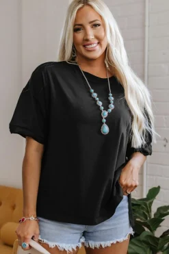 Fashion Dear-Lover Loose Half Sleeve Hi Low Hem T Shirt Black