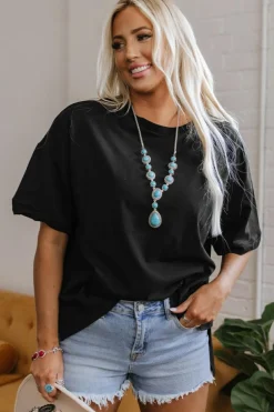 Fashion Dear-Lover Loose Half Sleeve Hi Low Hem T Shirt Black