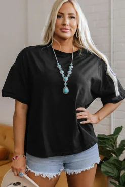 Fashion Dear-Lover Loose Half Sleeve Hi Low Hem T Shirt Black