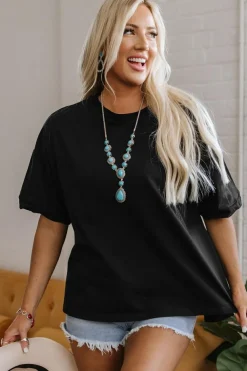 Fashion Dear-Lover Loose Half Sleeve Hi Low Hem T Shirt Black