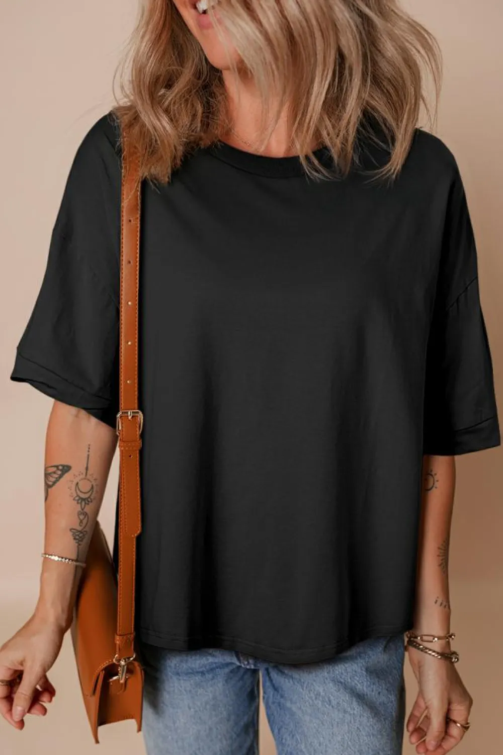 Fashion Dear-Lover Loose Half Sleeve Hi Low Hem T Shirt Black