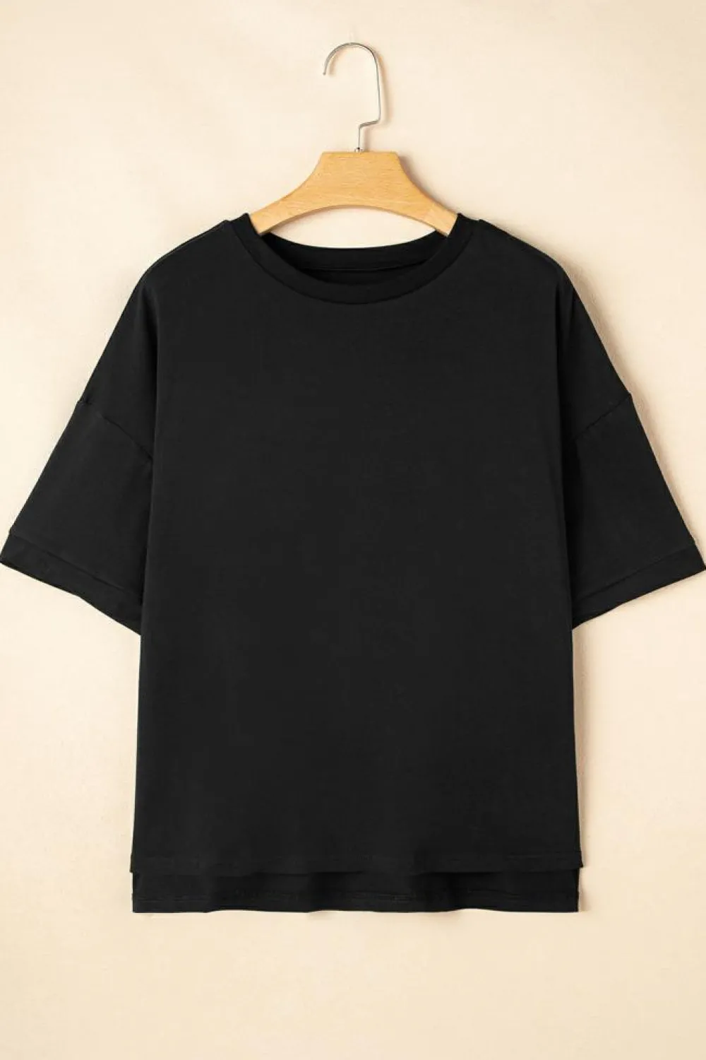 Fashion Dear-Lover Loose Half Sleeve Hi Low Hem T Shirt Black