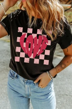 Online Dear-Lover LOVE Checkered Graphic Valentine Tee Black