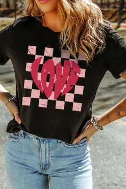 Online Dear-Lover LOVE Checkered Graphic Valentine Tee Black