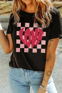 Online Dear-Lover LOVE Checkered Graphic Valentine Tee Black