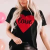 New Dear-Lover Love Heart Shaped Glitter Print T Shirt Black