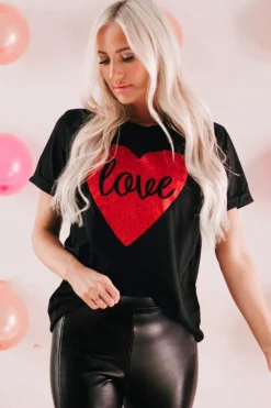 New Dear-Lover Love Heart Shaped Glitter Print T Shirt Black