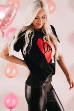 New Dear-Lover Love Heart Shaped Glitter Print T Shirt Black