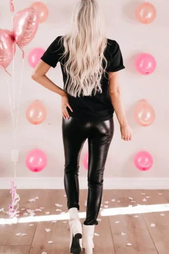 New Dear-Lover Love Heart Shaped Glitter Print T Shirt Black